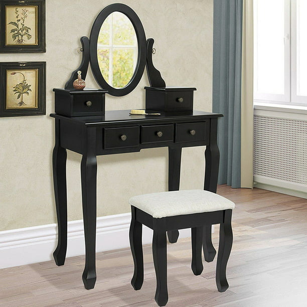 Vanity Makeup Dressing Table Stool Set W/ Drawer &Mirror Ideal for Bedroom Black